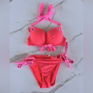 Victorias Secret Coral and Pink Push Up Tie Swim Suit Bikini XS 32A